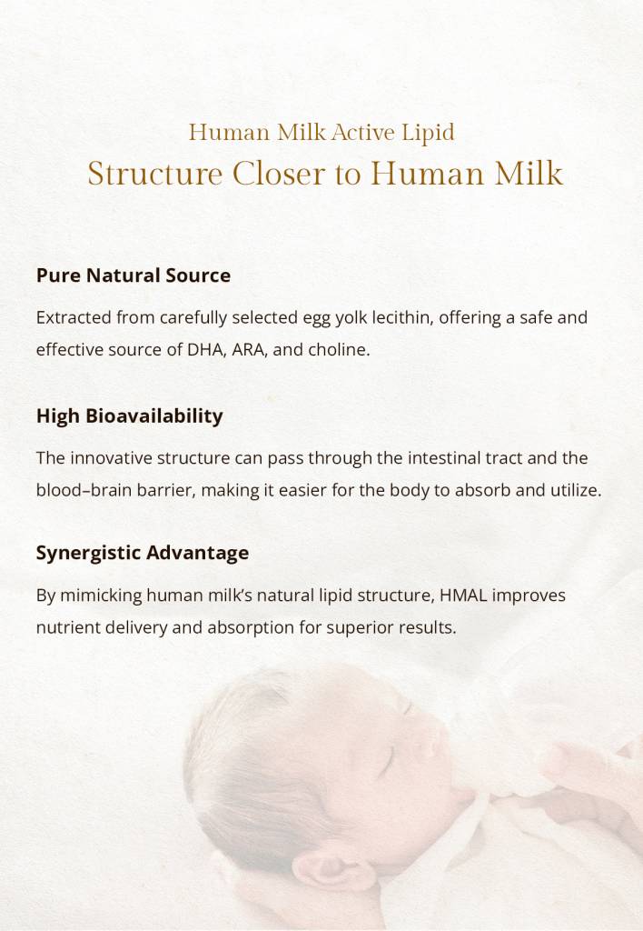 From Discovery to Innovation
Years of Research, Leading to HMAL
Human Milk Active Lipid
Structure Closer to Human Milk
Nutrient Composition, Perfectly Matched
Precise Matching of
HMAL Components with Human Milk
HMAL Egg Yolk Phospholipid
DHA & ARA Soft Gel

